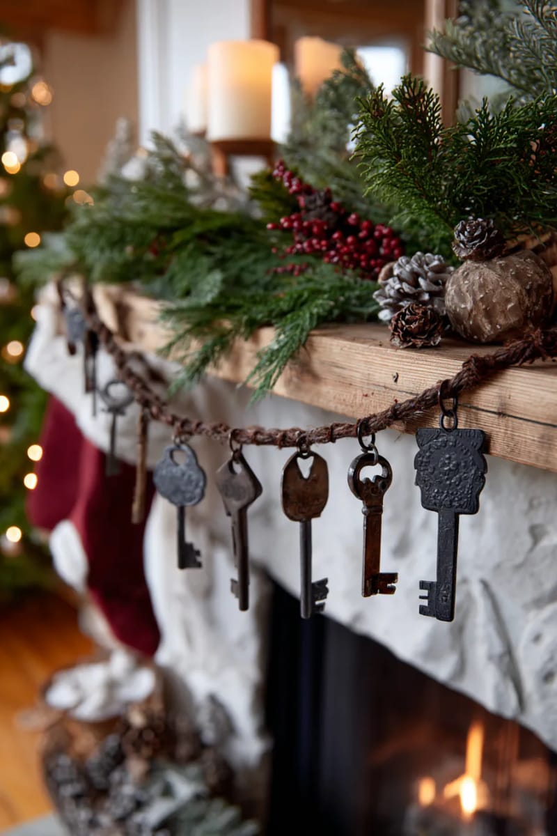 rusty keys and buttons strung as nostalgic christmas garland 1