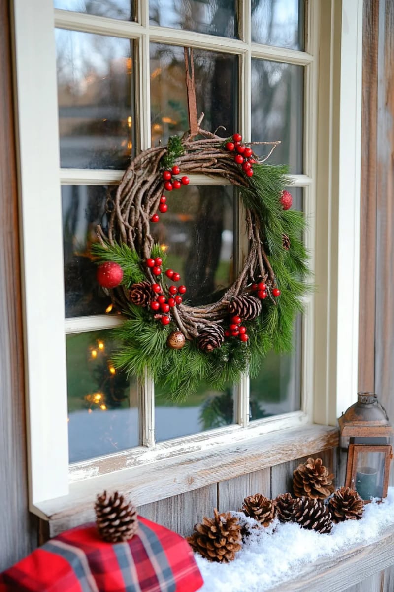 salvaged window frame wreath with pinecones and red berries 1