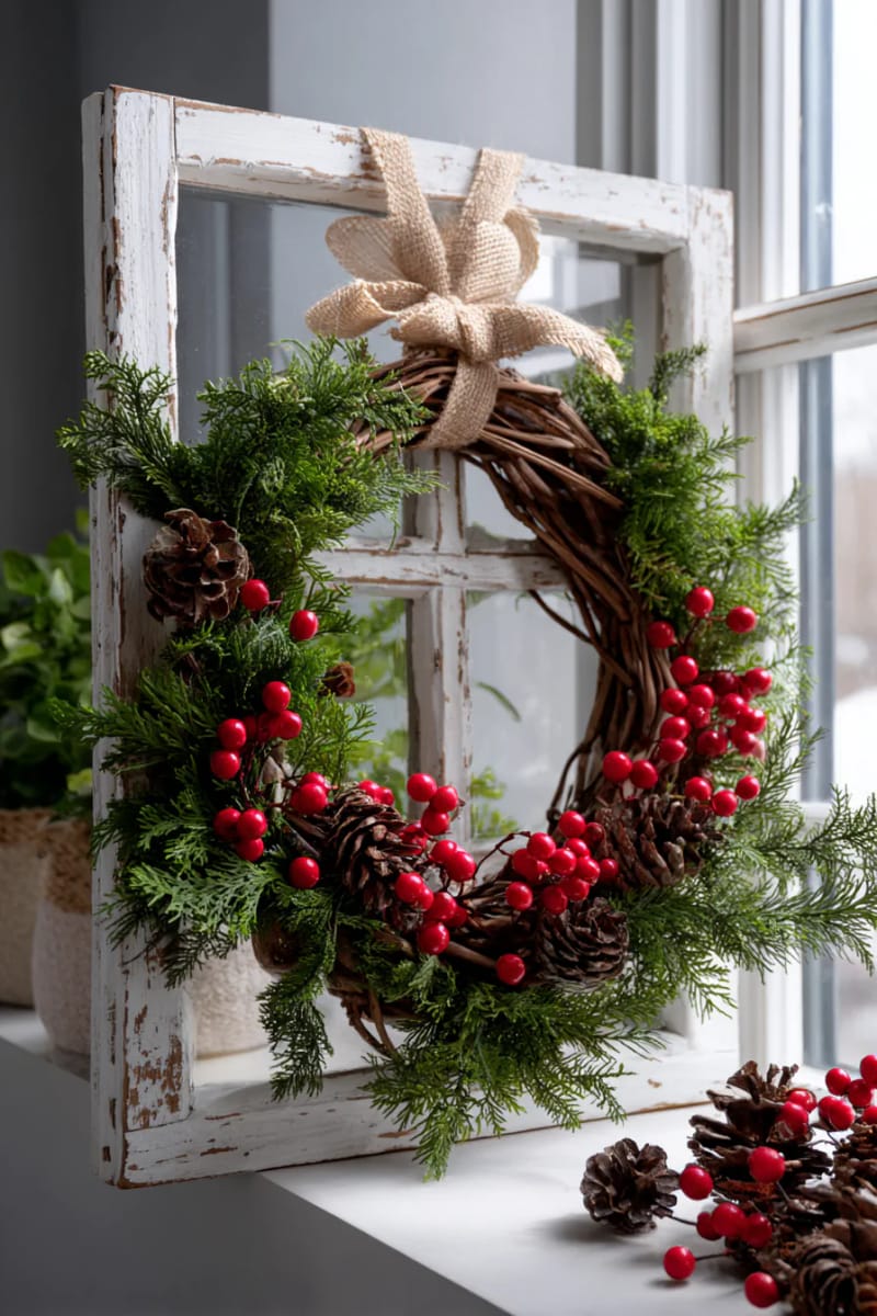 salvaged window frame wreath with pinecones and red berries 1