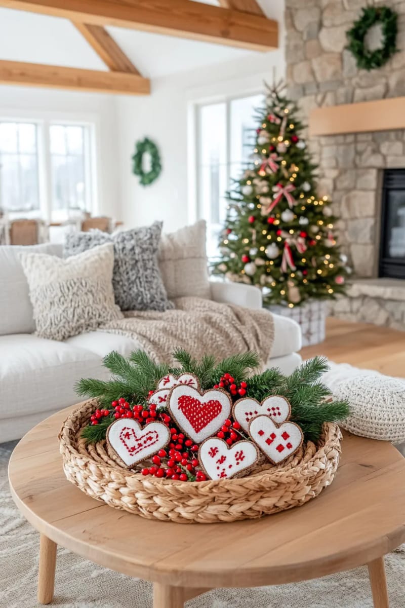 scandinavian folk art heart ornaments with red and white embroidery 1