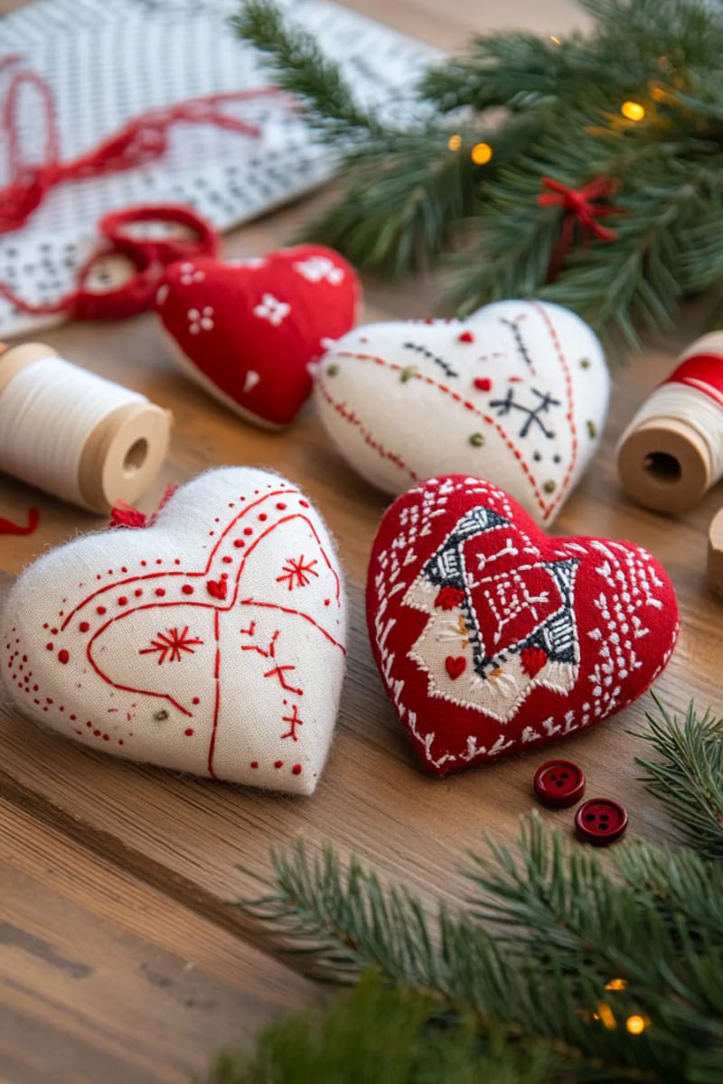 scandinavian folk art heart ornaments with red and white embroidery 1
