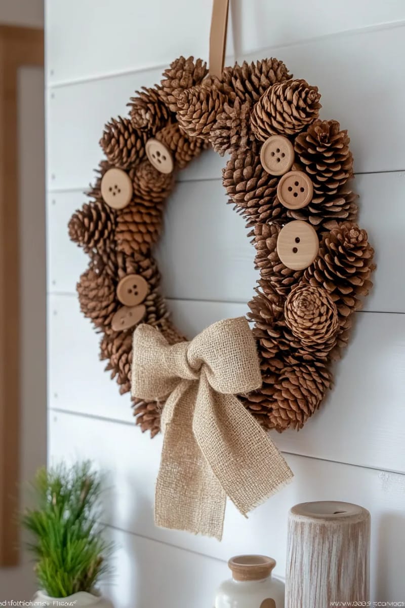 25 Pinecone Christmas Decorations You’ll Want to Keep Up All Winter 34 scandinavian-inspired pinecone wreath with burlap bow and wooden buttons 1