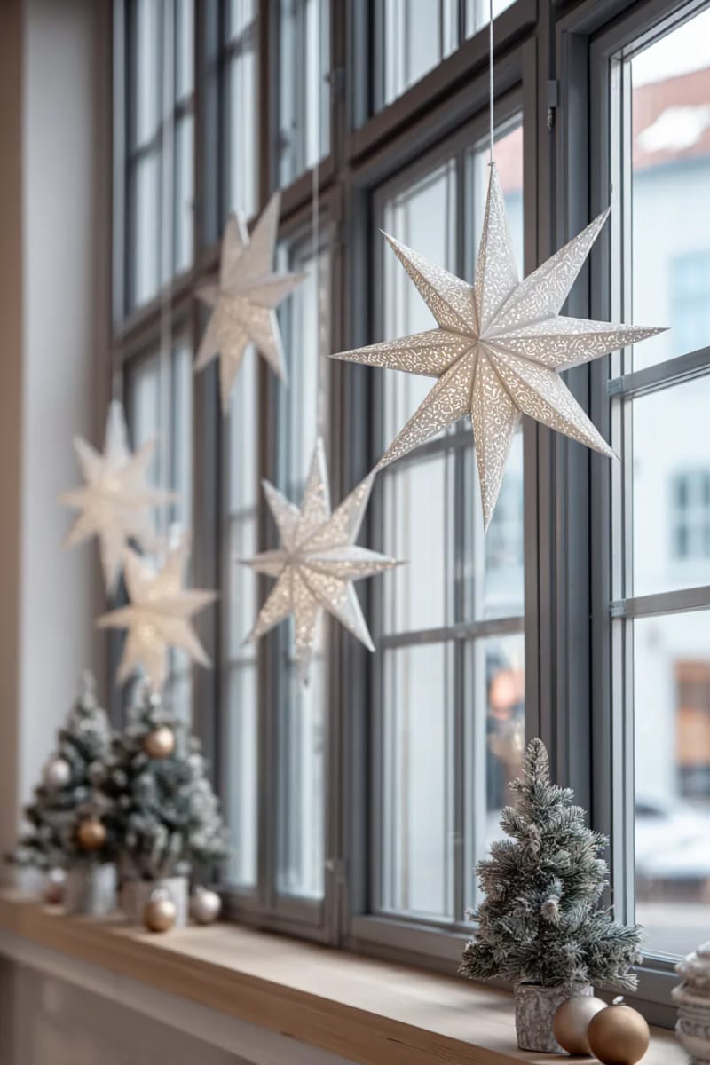 31 Elegant Minimalist Christmas Decor Ideas to Inspire 5 scandinavian paper star ornaments hung in windows with invisible thread 1