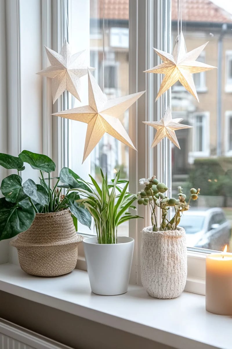 31 Elegant Minimalist Christmas Decor Ideas to Inspire 6 scandinavian paper star ornaments hung in windows with invisible thread 1