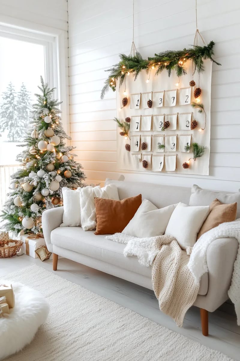 scandinavian-style advent calendar with linen pockets and pinecones 1