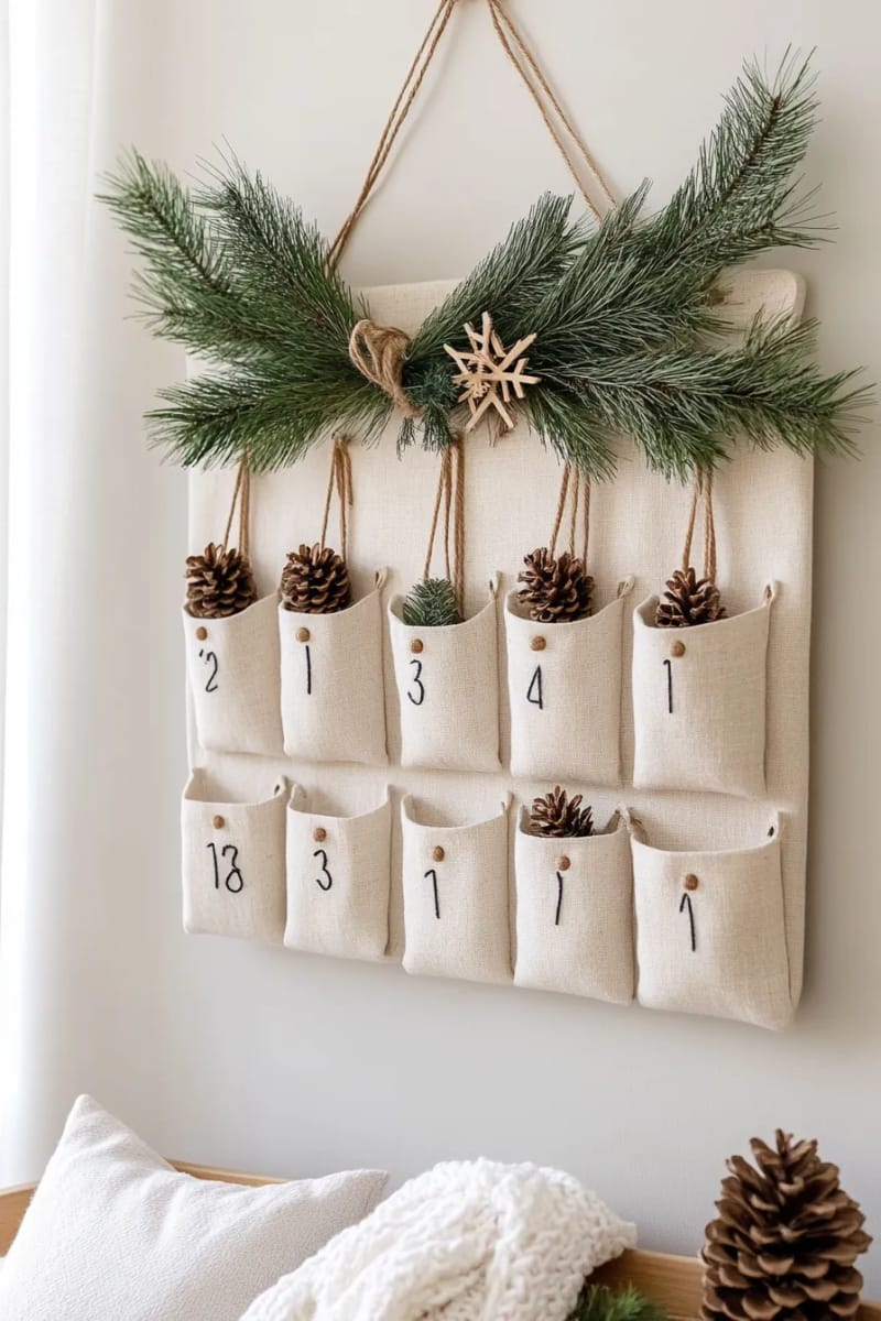 scandinavian-style advent calendar with linen pockets and pinecones 1