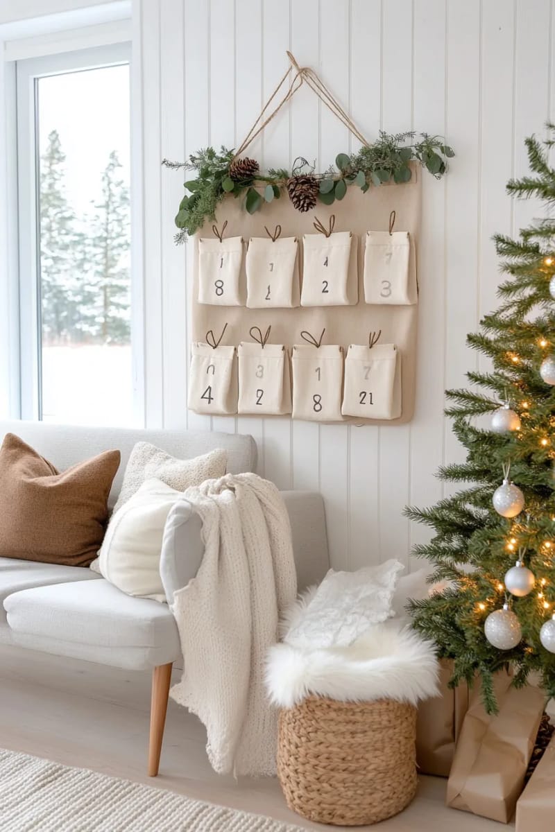 scandinavian-style advent calendar with linen pockets and pinecones 1