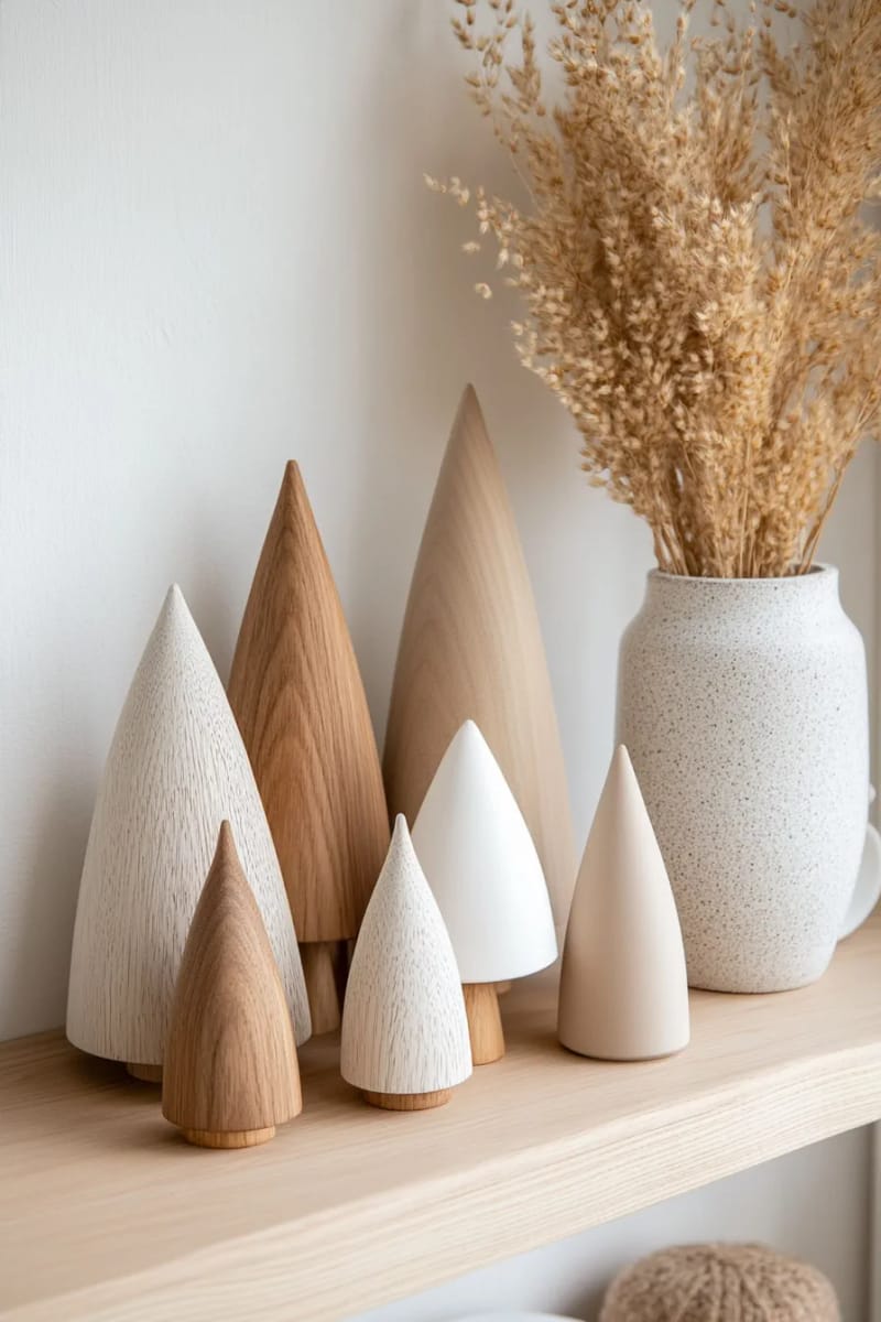 scandinavian-style minimalist wooden tree cones in neutral tones 1