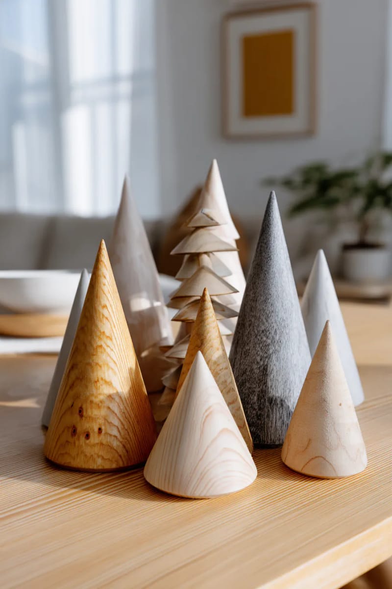 scandinavian-style minimalist wooden tree cones in neutral tones 1