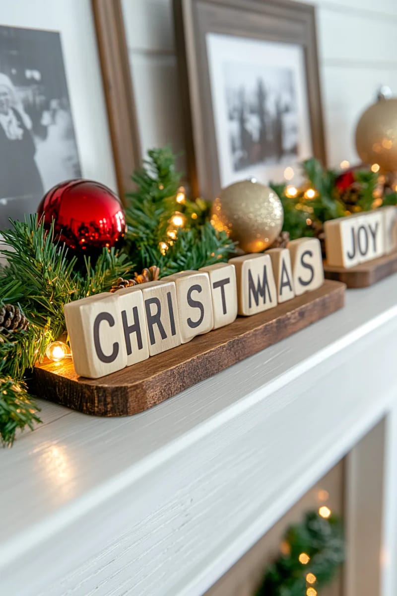 29 Upcycled Christmas Crafts For Unique Holiday DIY Projects 76 scrabble tile holiday phrases for custom upcycled mantle decor 1