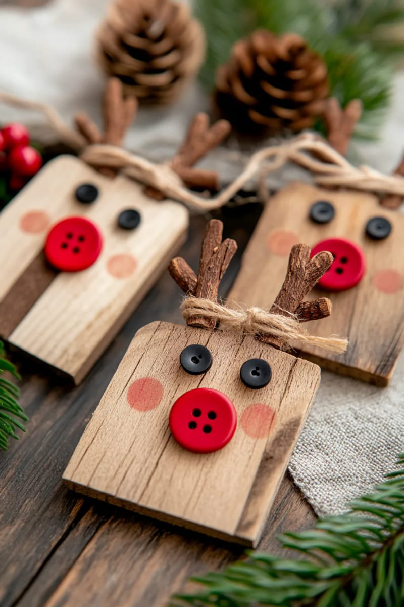 29 Upcycled Christmas Crafts For Unique Holiday DIY Projects 31 scrap wood reindeer ornaments with button noses and twine antlers 1