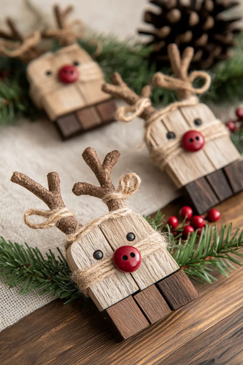 29 Upcycled Christmas Crafts For Unique Holiday DIY Projects 32 scrap wood reindeer ornaments with button noses and twine antlers 1
