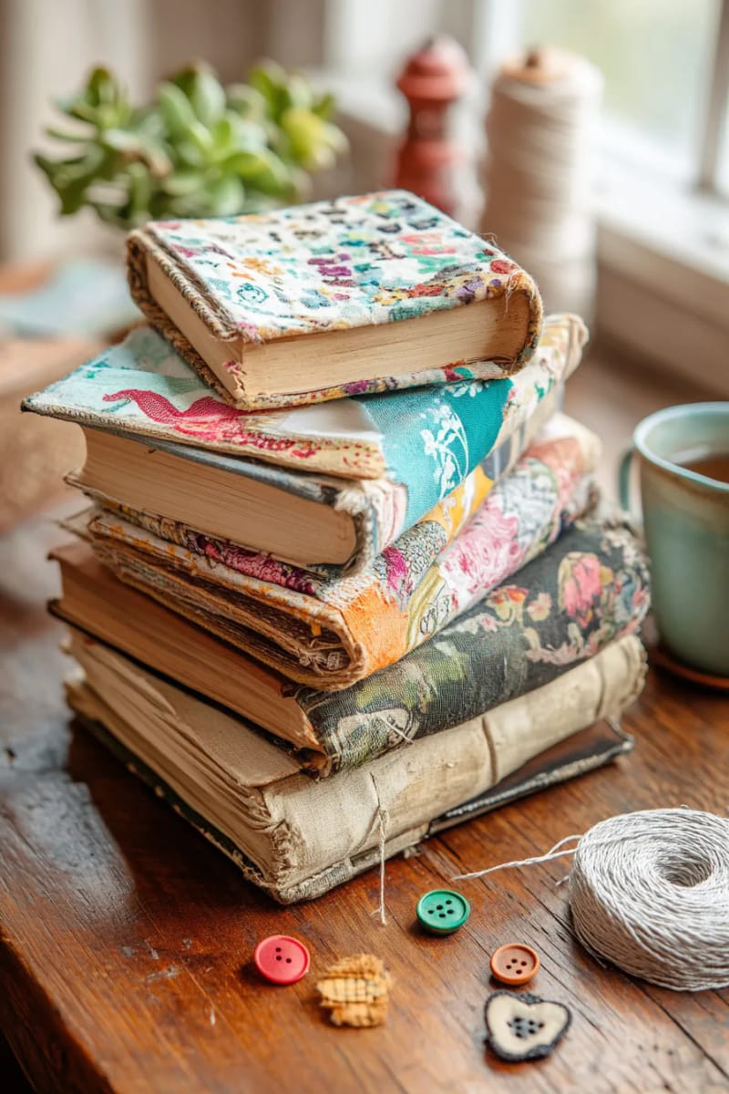 secondhand books with handmade bookmarks from scrap fabric 1