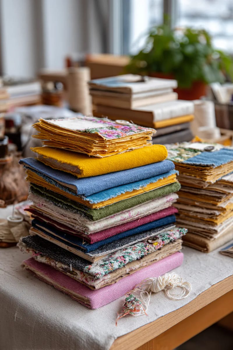 secondhand books with handmade bookmarks from scrap fabric 1