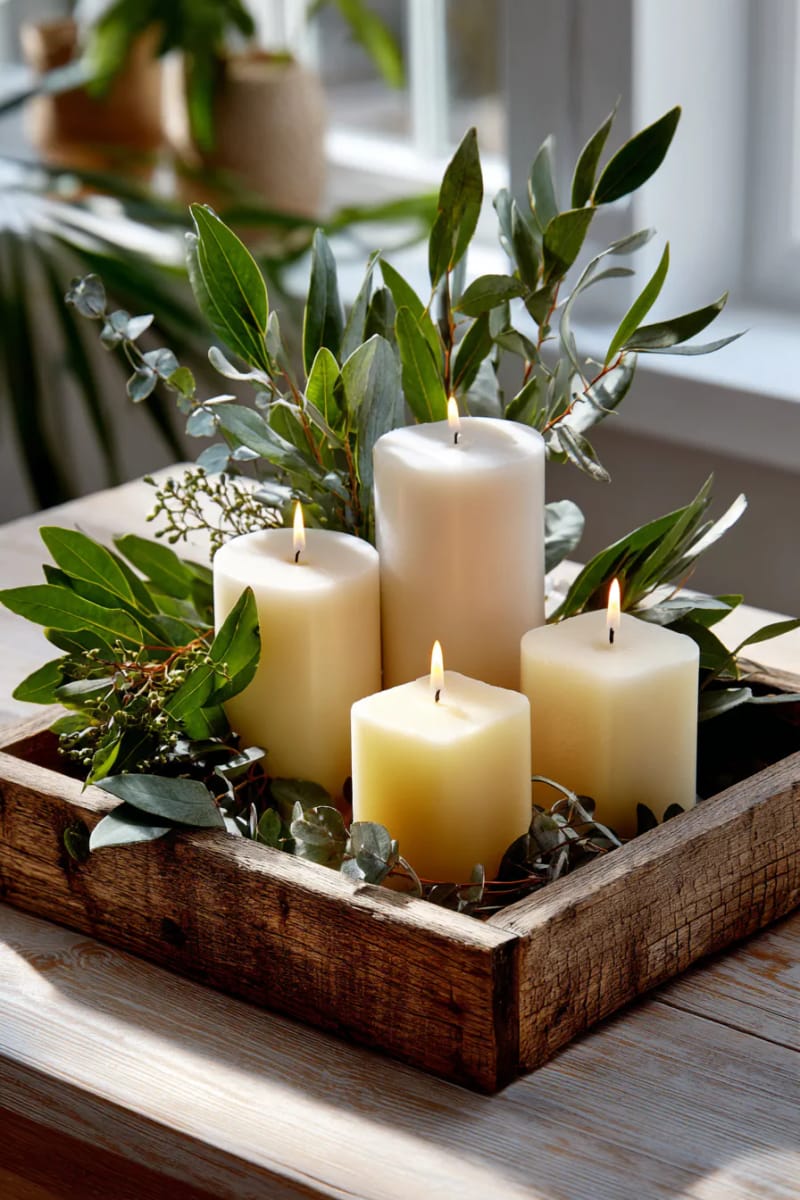 set a rustic wooden tray with pillar candles and greenery 1