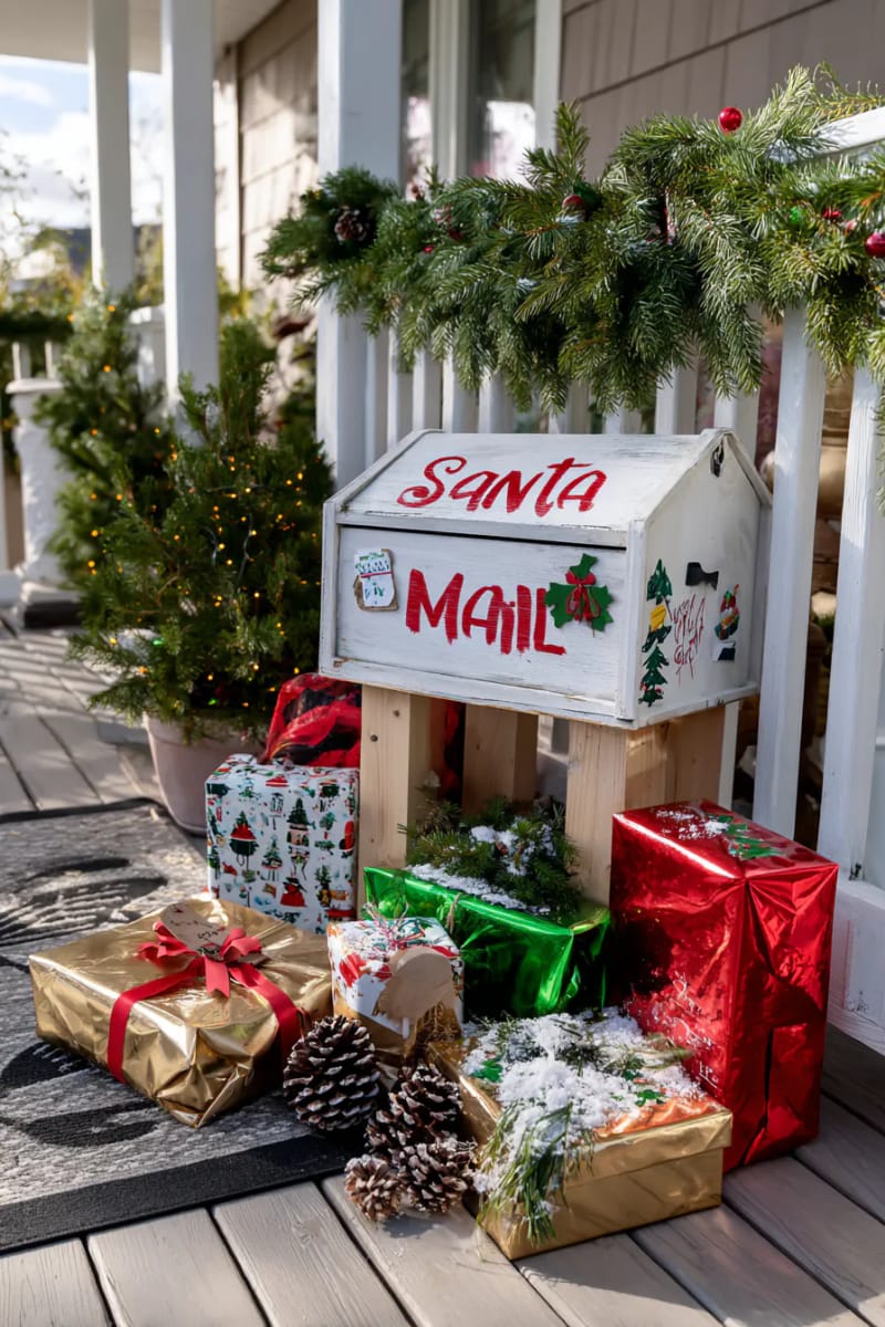 15 Christmas Decor Ideas for a Front Porch DIY That’s Simple but Stunning 23 set up a diy mailbox for santa letters, surrounded by wrapped presents and pinecones. 1