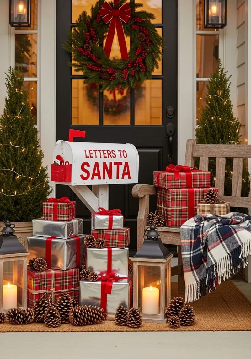 15 Christmas Decor Ideas for a Front Porch DIY That’s Simple but Stunning 24 set up a diy mailbox for santa letters, surrounded by wrapped presents and pinecones. 1