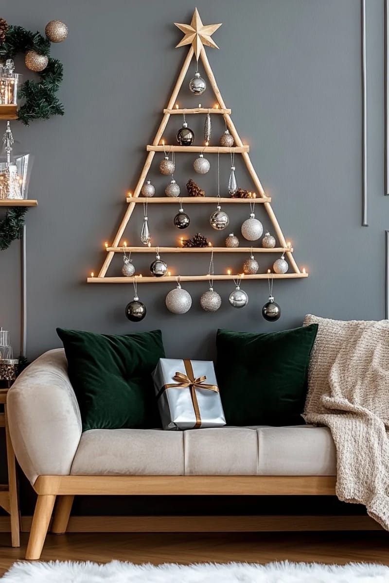 shimmering baubles and icicles hanging from a minimalist wall tree 1