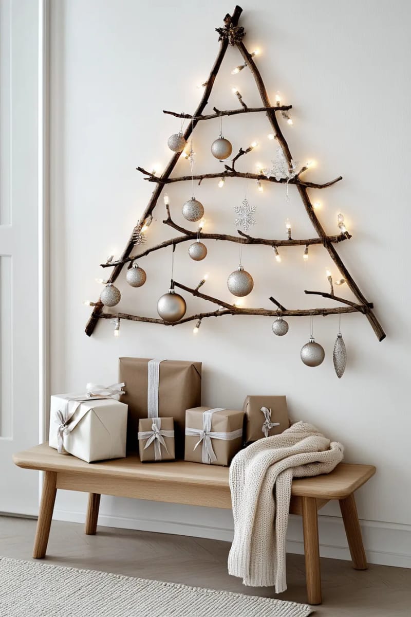 shimmering baubles and icicles hanging from a minimalist wall tree 1