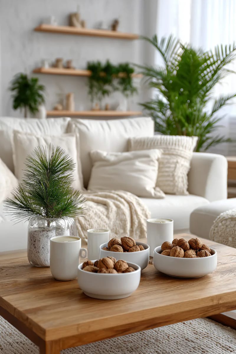 31 Elegant Minimalist Christmas Decor Ideas to Inspire 45 simple ceramic bowls of walnuts and cinnamon sticks as table decor 1