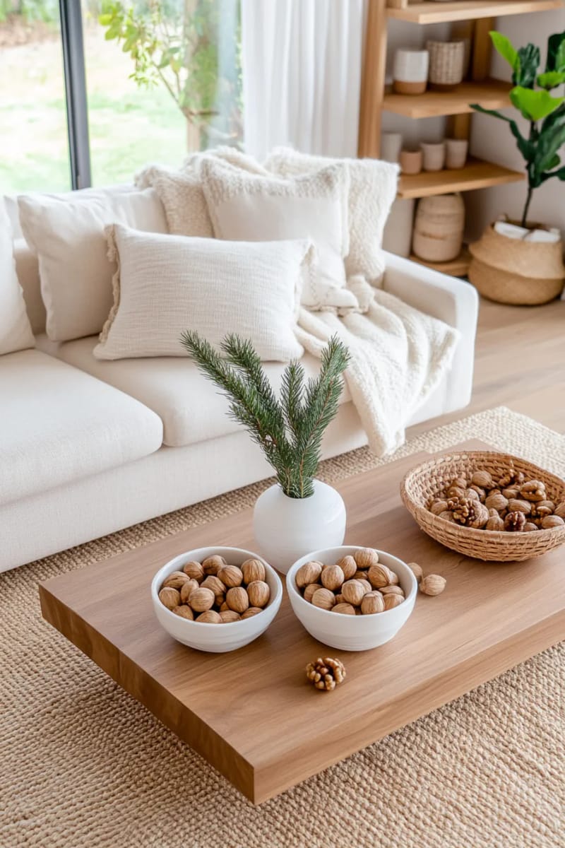 31 Elegant Minimalist Christmas Decor Ideas to Inspire 46 simple ceramic bowls of walnuts and cinnamon sticks as table decor 1