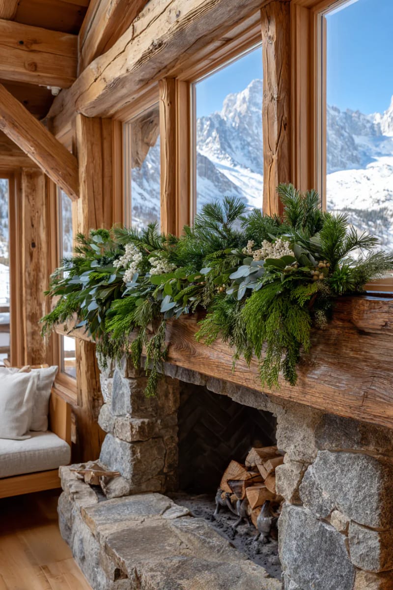 31 Elegant Minimalist Christmas Decor Ideas to Inspire 7 simple greenery garland draped across a natural wood mantel 1