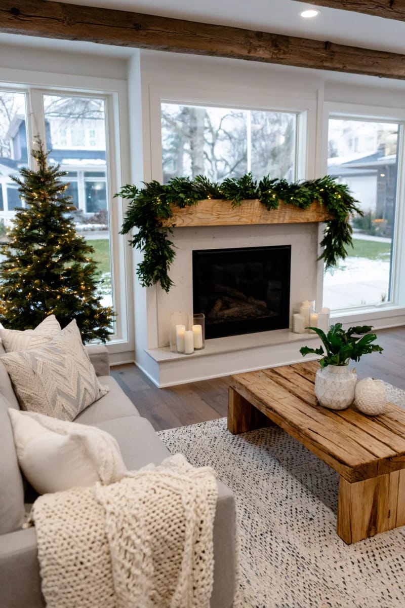 31 Elegant Minimalist Christmas Decor Ideas to Inspire 8 simple greenery garland draped across a natural wood mantel 1