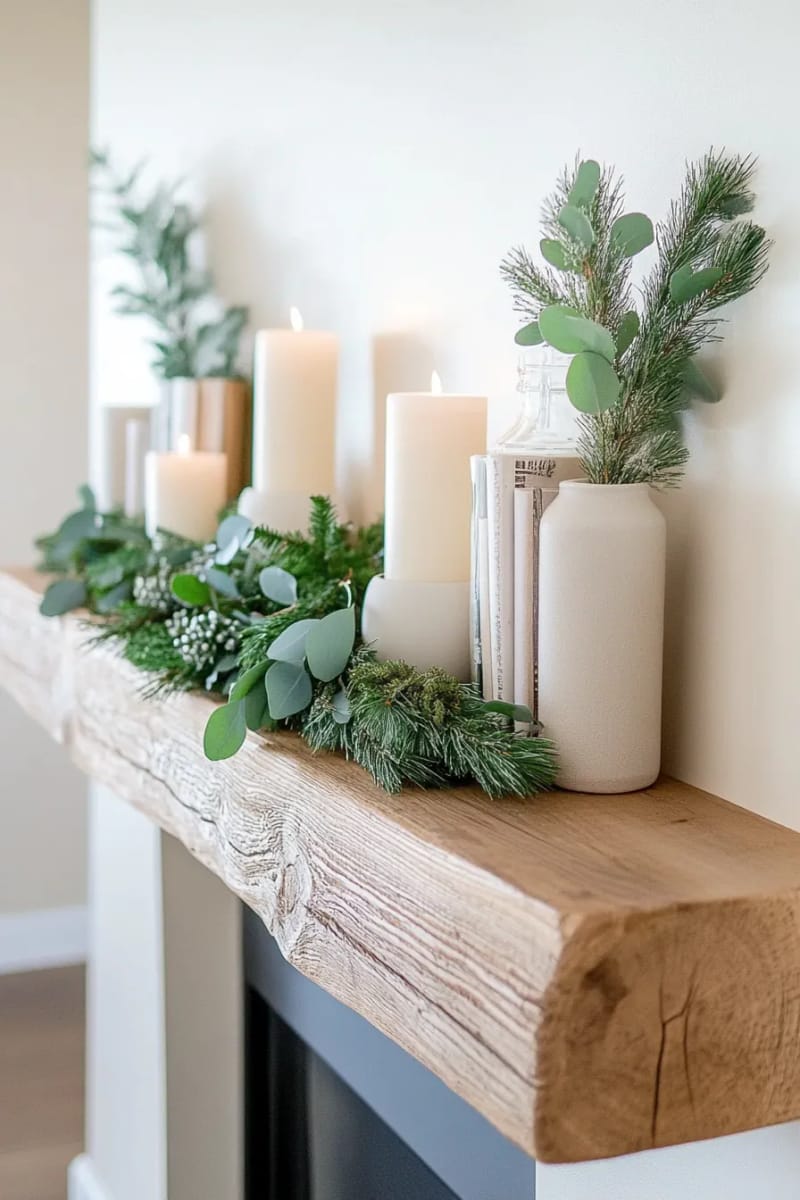 31 Elegant Minimalist Christmas Decor Ideas to Inspire 9 simple greenery garland draped across a natural wood mantel 1