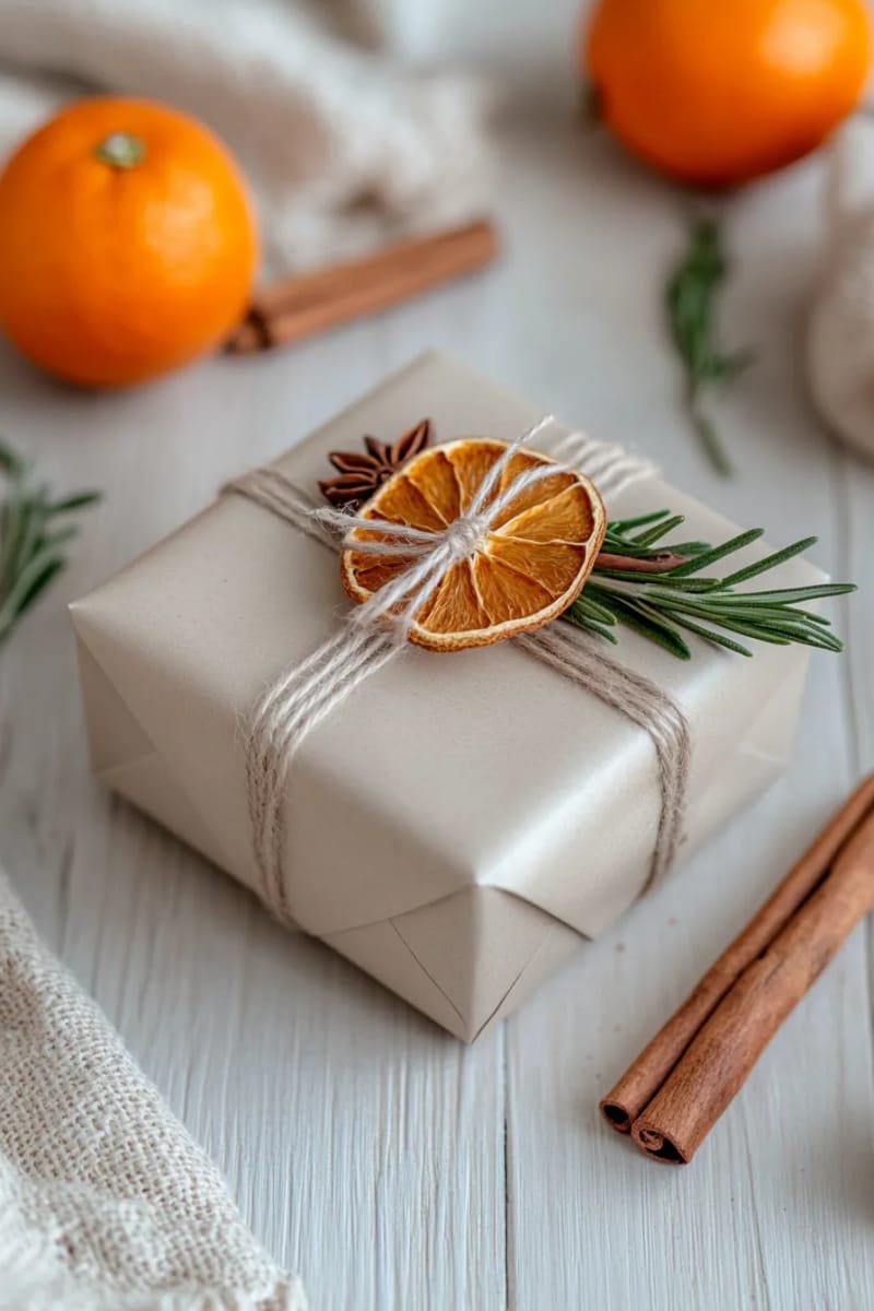simple kraft paper gift wrap with dried citrus accents and twine 1