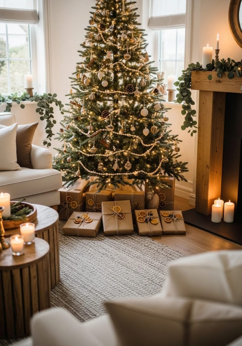 simple kraft paper gift wrap with dried citrus accents and twine 1