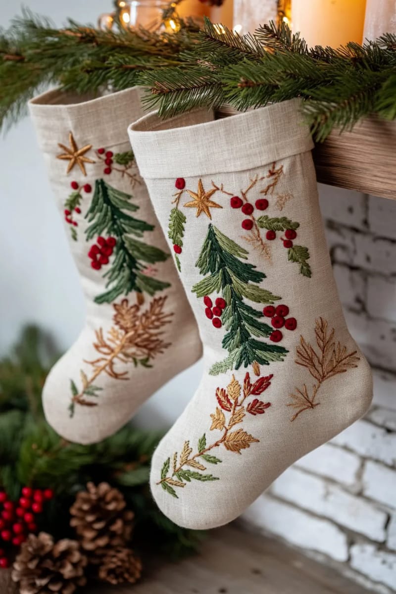 simple linen stockings with embroidered nordic trees and stars 1