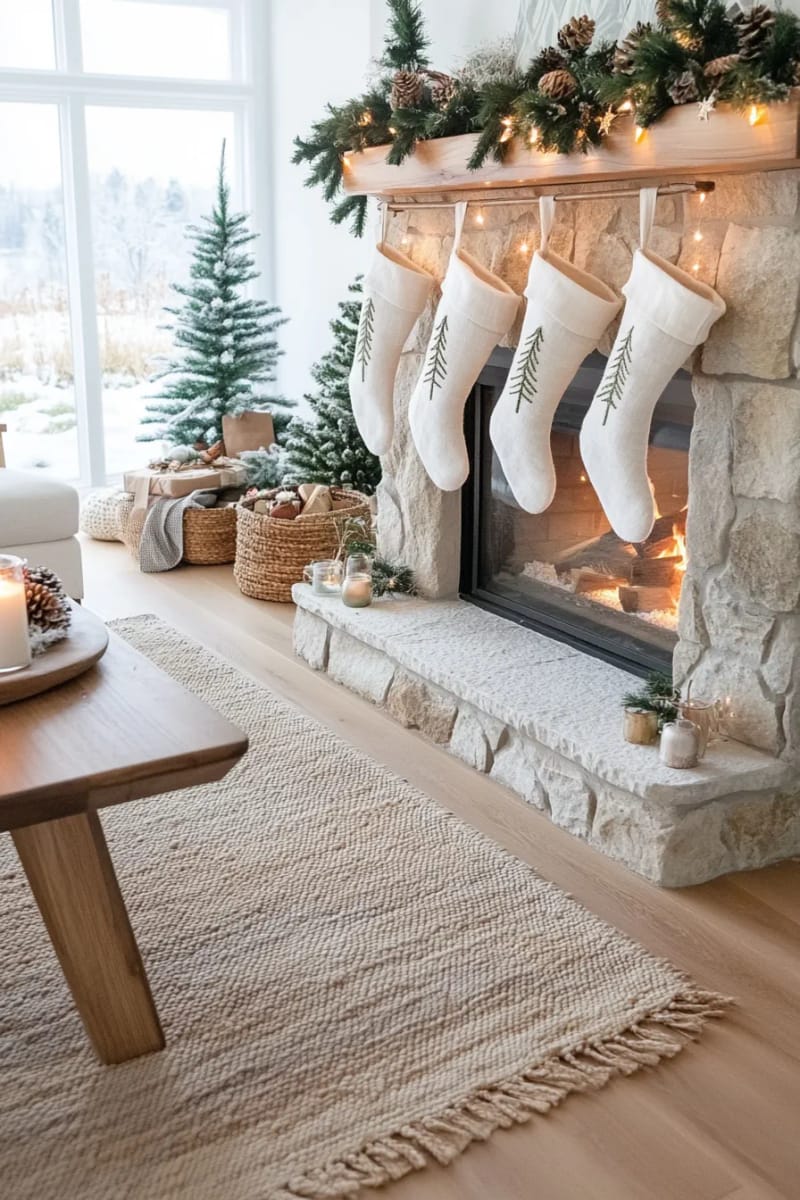 simple linen stockings with embroidered nordic trees and stars 1