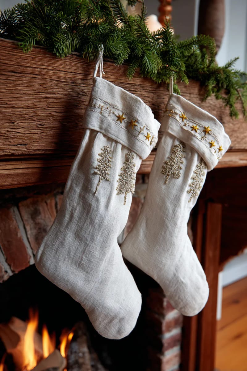 simple linen stockings with embroidered nordic trees and stars 1