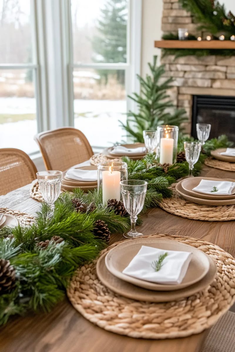 simple pine branch centerpiece with glass candle votives 1