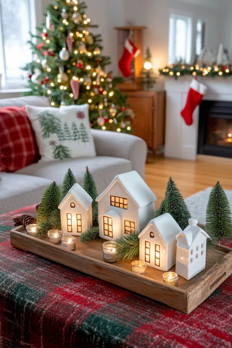 25 Tasteful Christmas Decor Ideas for a Cozy Holiday Home 34 simple white ceramic houses with glowing tea lights for a cozy vignette 1