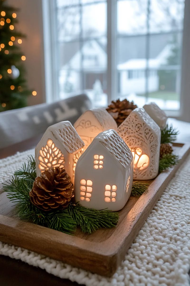 25 Tasteful Christmas Decor Ideas for a Cozy Holiday Home 35 simple white ceramic houses with glowing tea lights for a cozy vignette 1