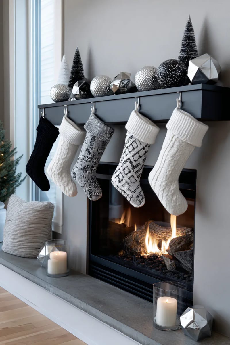 sleek modern fireplace with monochrome stockings and geometric ornaments 1