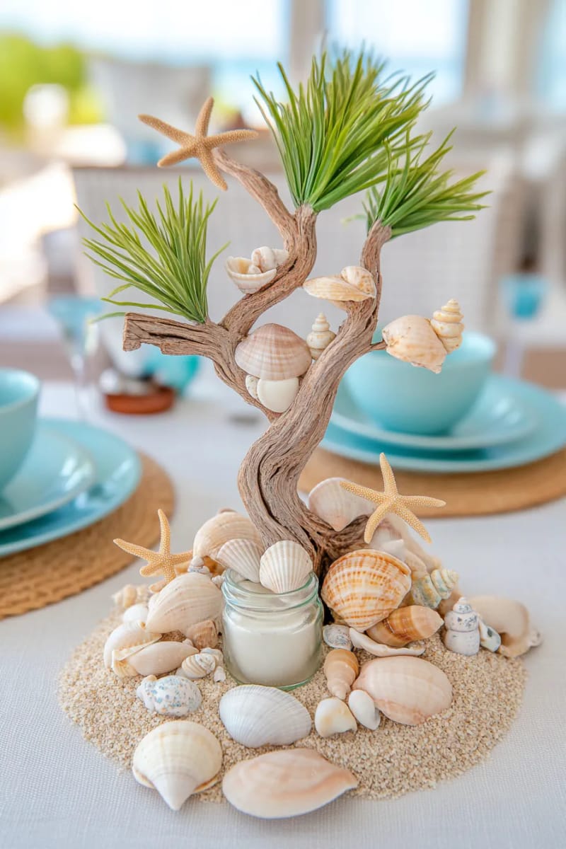 small driftwood tabletop tree with seashell embellishments 1