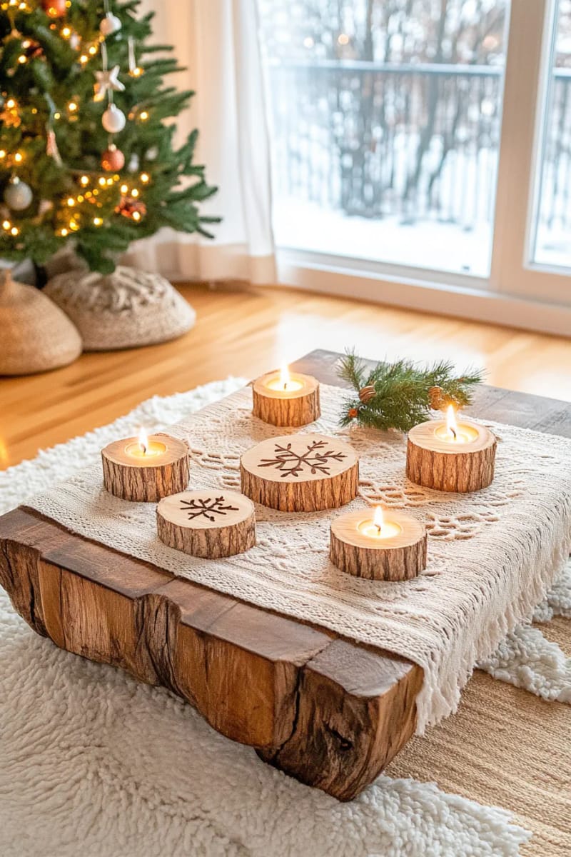 Alicia P. 5 small log candle holders with carved holiday shapes. 40