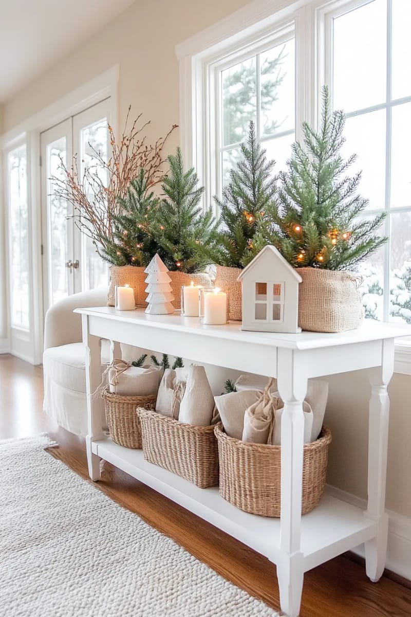 small potted spruce trees in burlap sacks atop a white console table 1