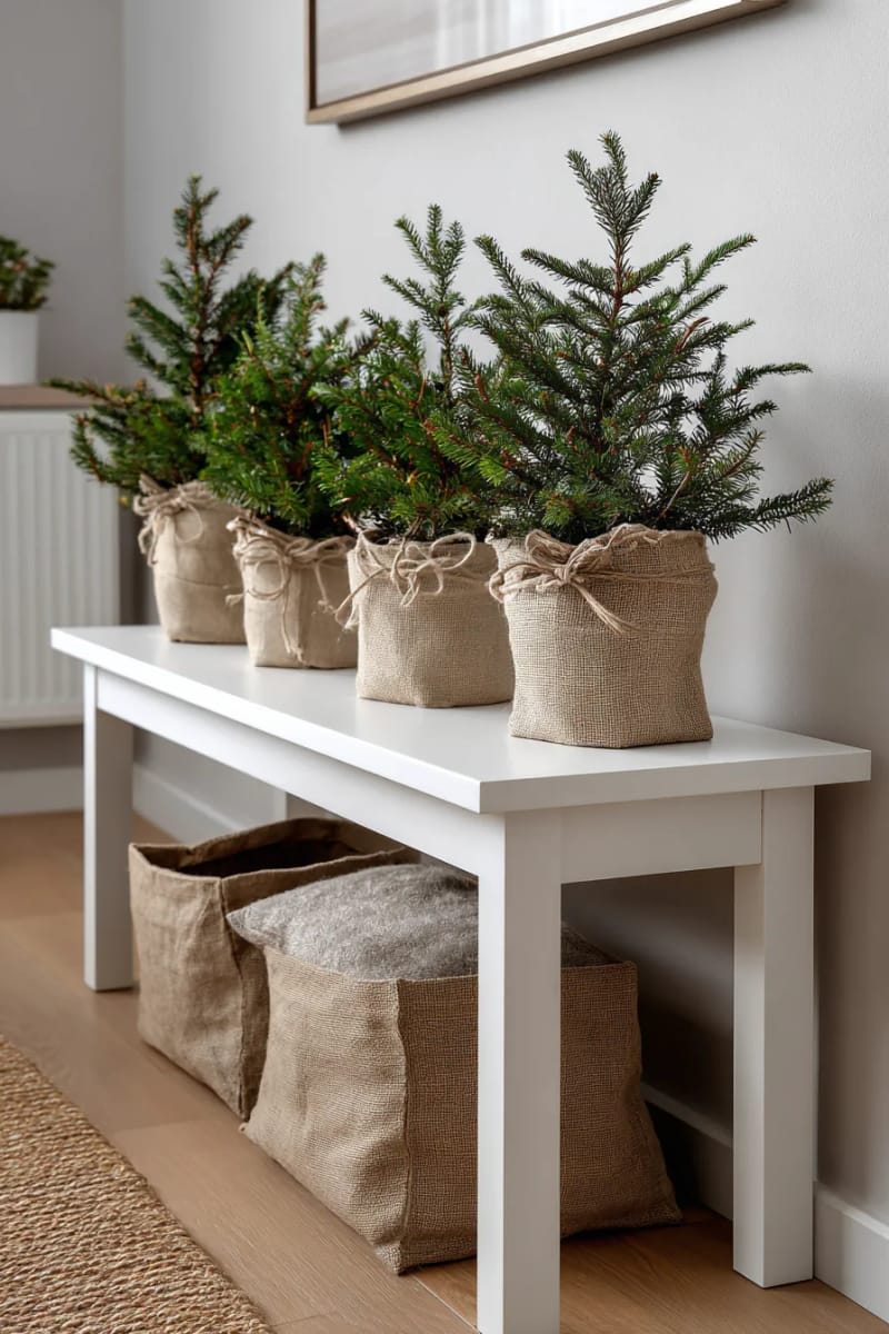 small potted spruce trees in burlap sacks atop a white console table 1