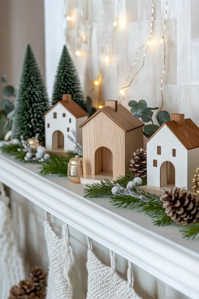 31 Elegant Minimalist Christmas Decor Ideas to Inspire 36 small wooden houses as a simple, cozy mantel village scene 1