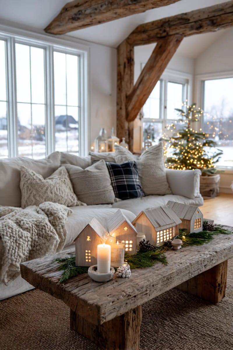 31 Elegant Minimalist Christmas Decor Ideas to Inspire 37 small wooden houses as a simple, cozy mantel village scene 1