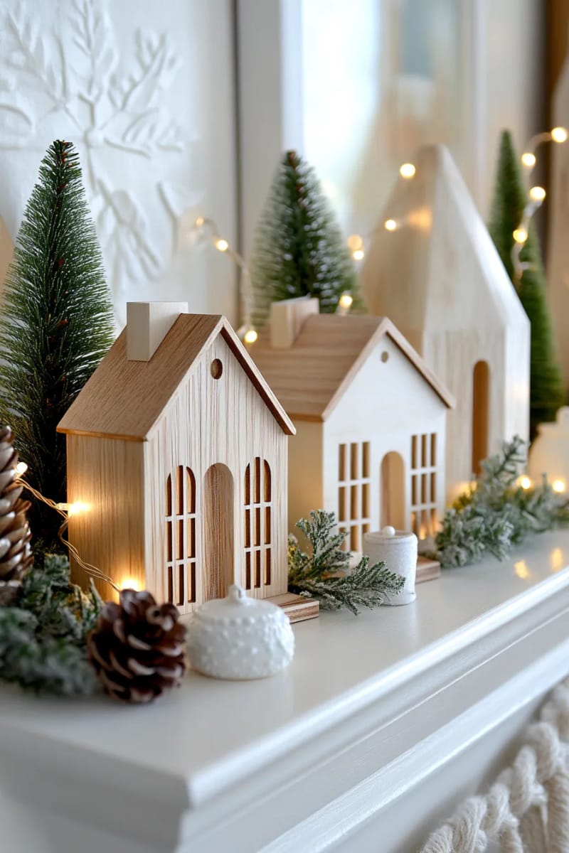 31 Elegant Minimalist Christmas Decor Ideas to Inspire 38 small wooden houses as a simple, cozy mantel village scene 1