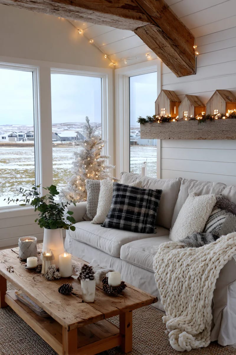 31 Elegant Minimalist Christmas Decor Ideas to Inspire 39 small wooden houses as a simple, cozy mantel village scene 1