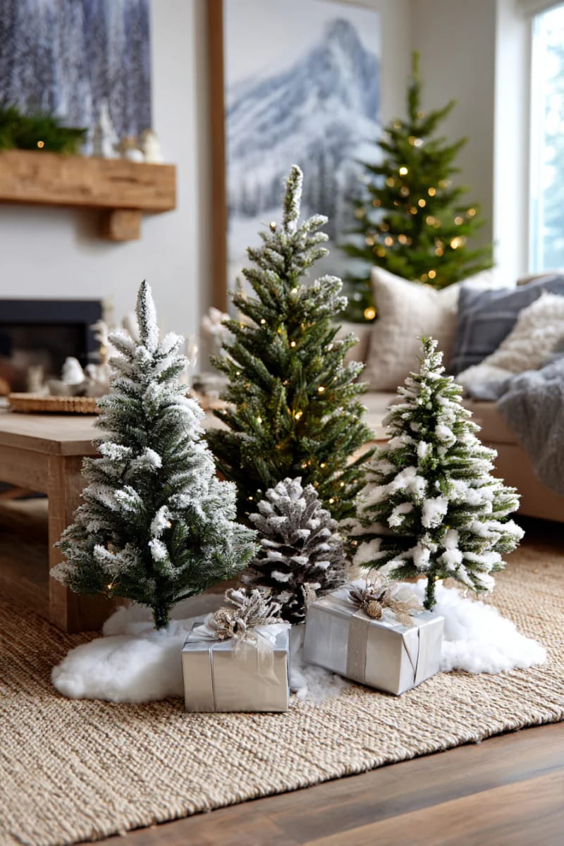 snow-dusted faux trees clustered together for a magical forest corner 1