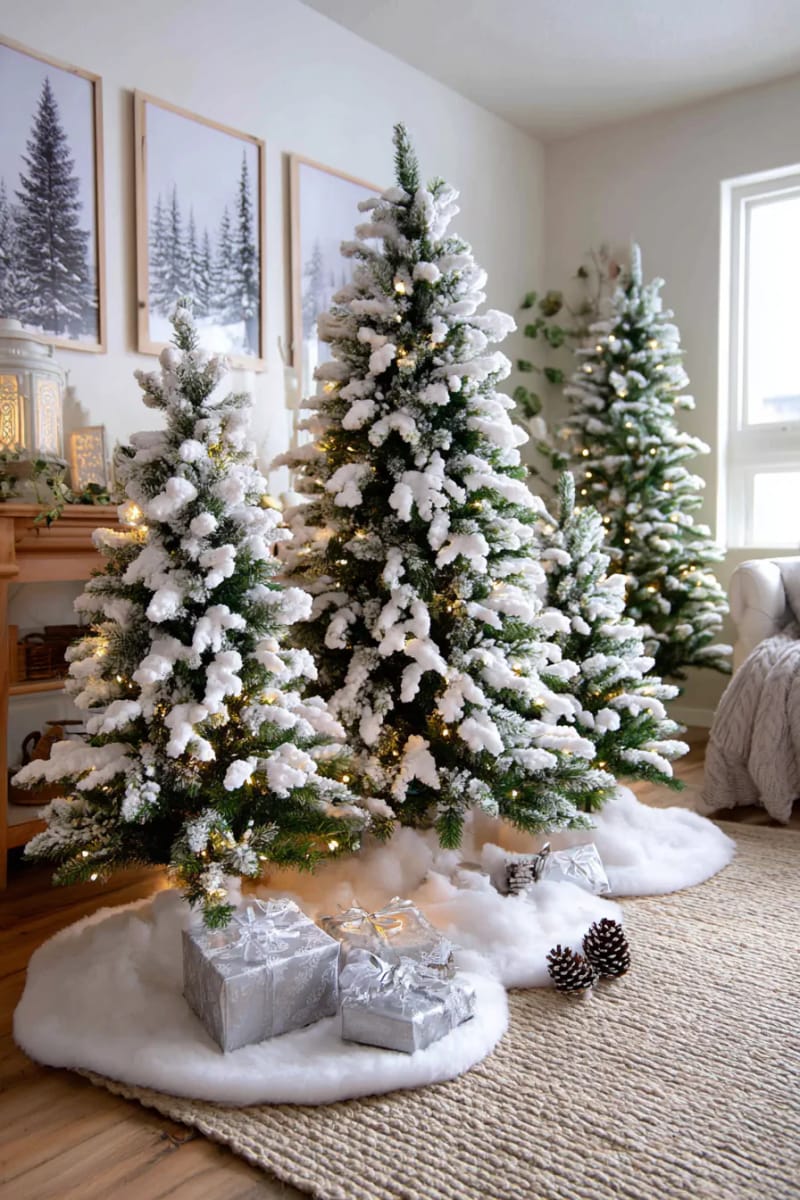 snow-dusted faux trees clustered together for a magical forest corner 1