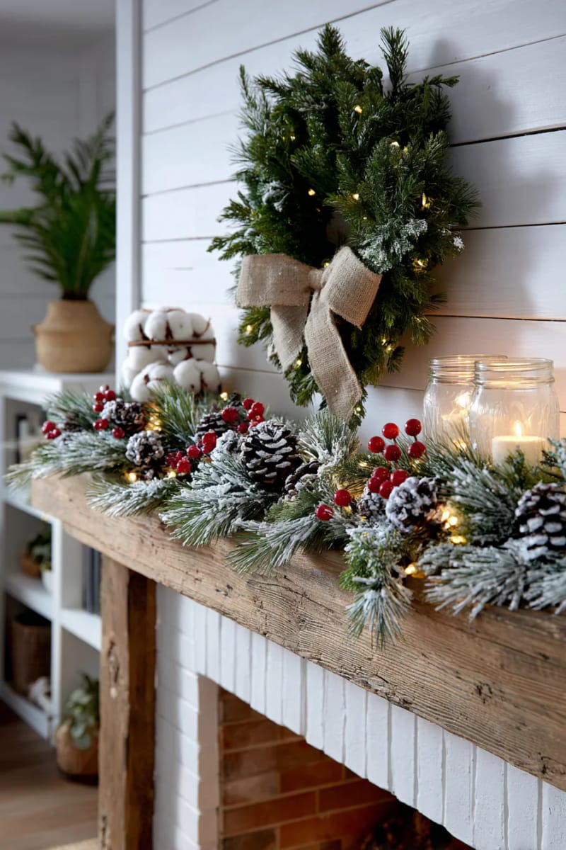 snow-dusted garland and twinkling lights paired with a farmhouse style wreath 1