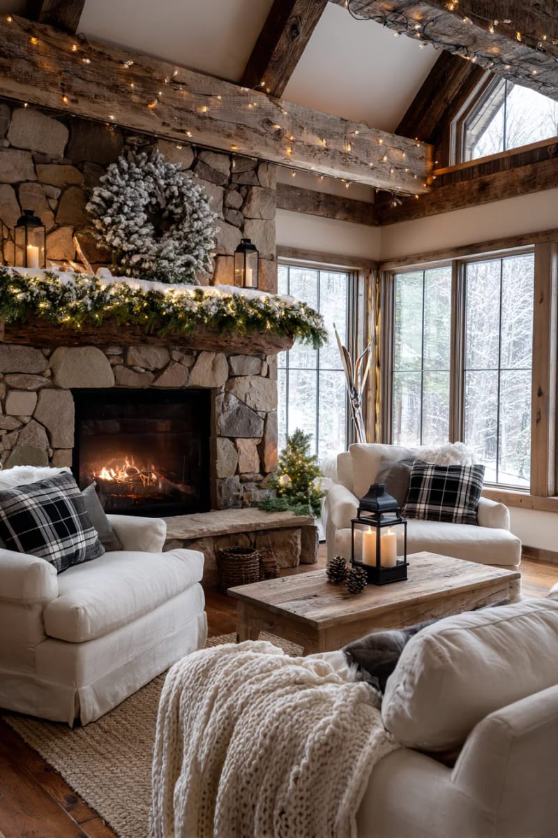 snow-dusted garland and twinkling lights paired with a farmhouse style wreath 1