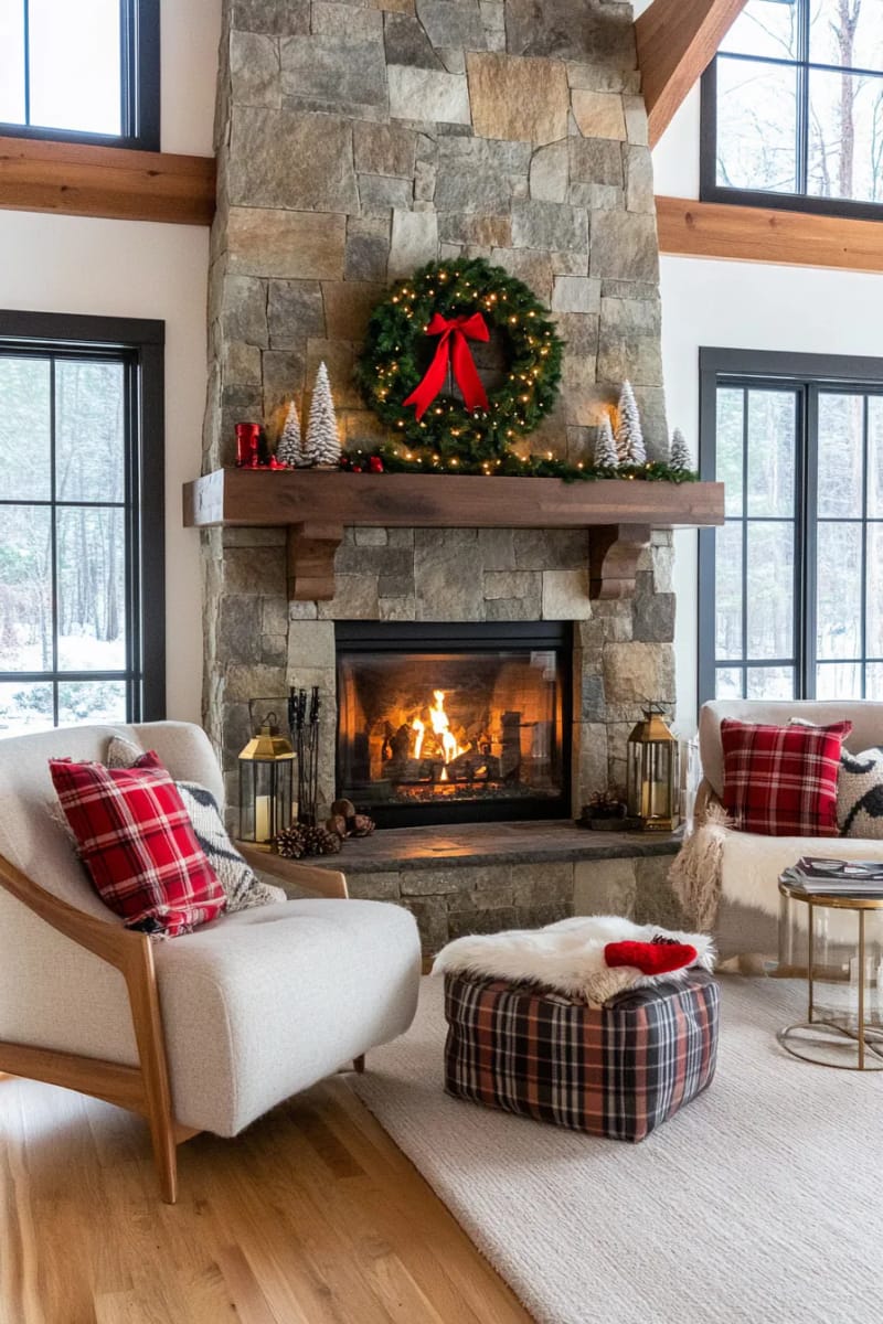 snow-dusted garland and twinkling lights paired with a farmhouse style wreath 1